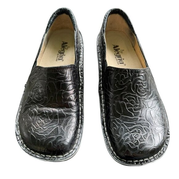 ALEGRIA Debra Black Embossed Rose Women's Eur Size 37 US 6.5 Clogs Shoes - Picture 2 of 10